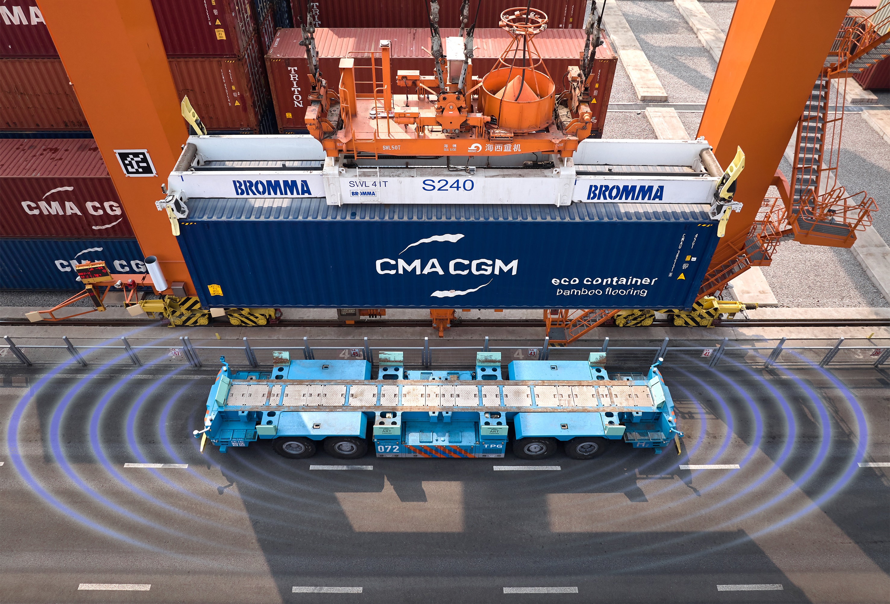 Autonomous container truck operating beneath automated cranes at a smart port terminal with advanced logistics technology.