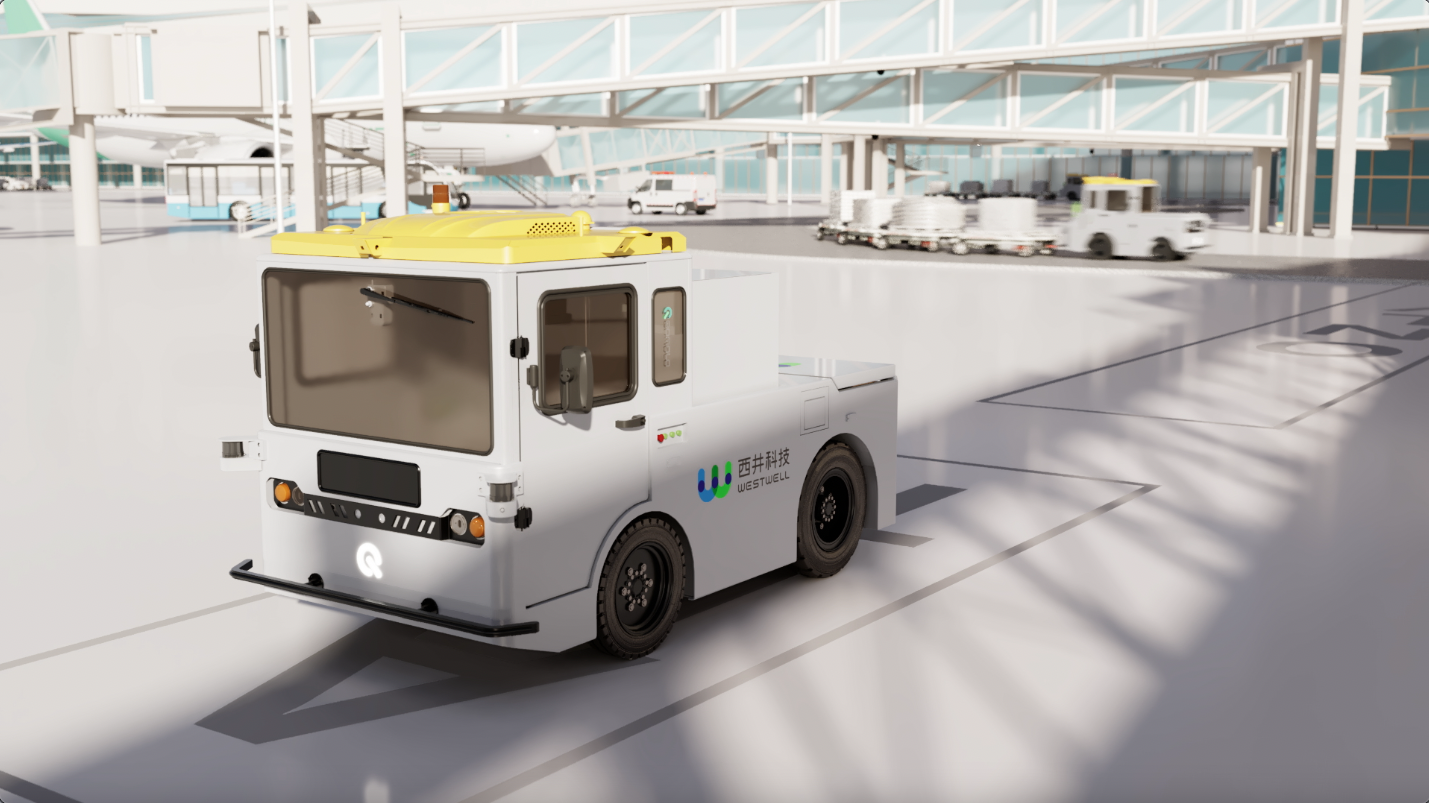 Electric tow tractors from Westwell operating in a cargo logistics environment, efficiently transporting freight units across the airside area to support electrified airport cargo handling operations.