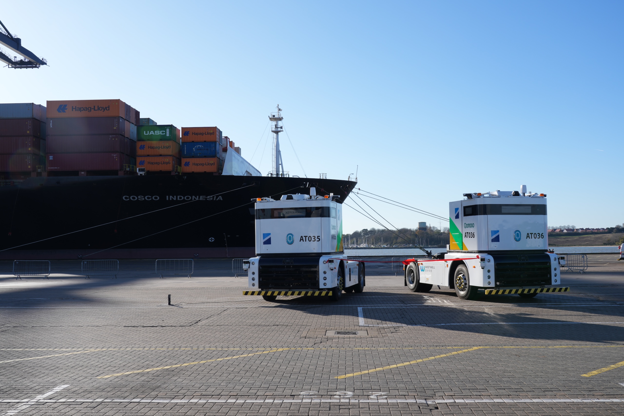 Westwell Q-Truck autonomous truck showcased at the Port of Felixstowe unveiling ceremony, highlighting smart port innovation.