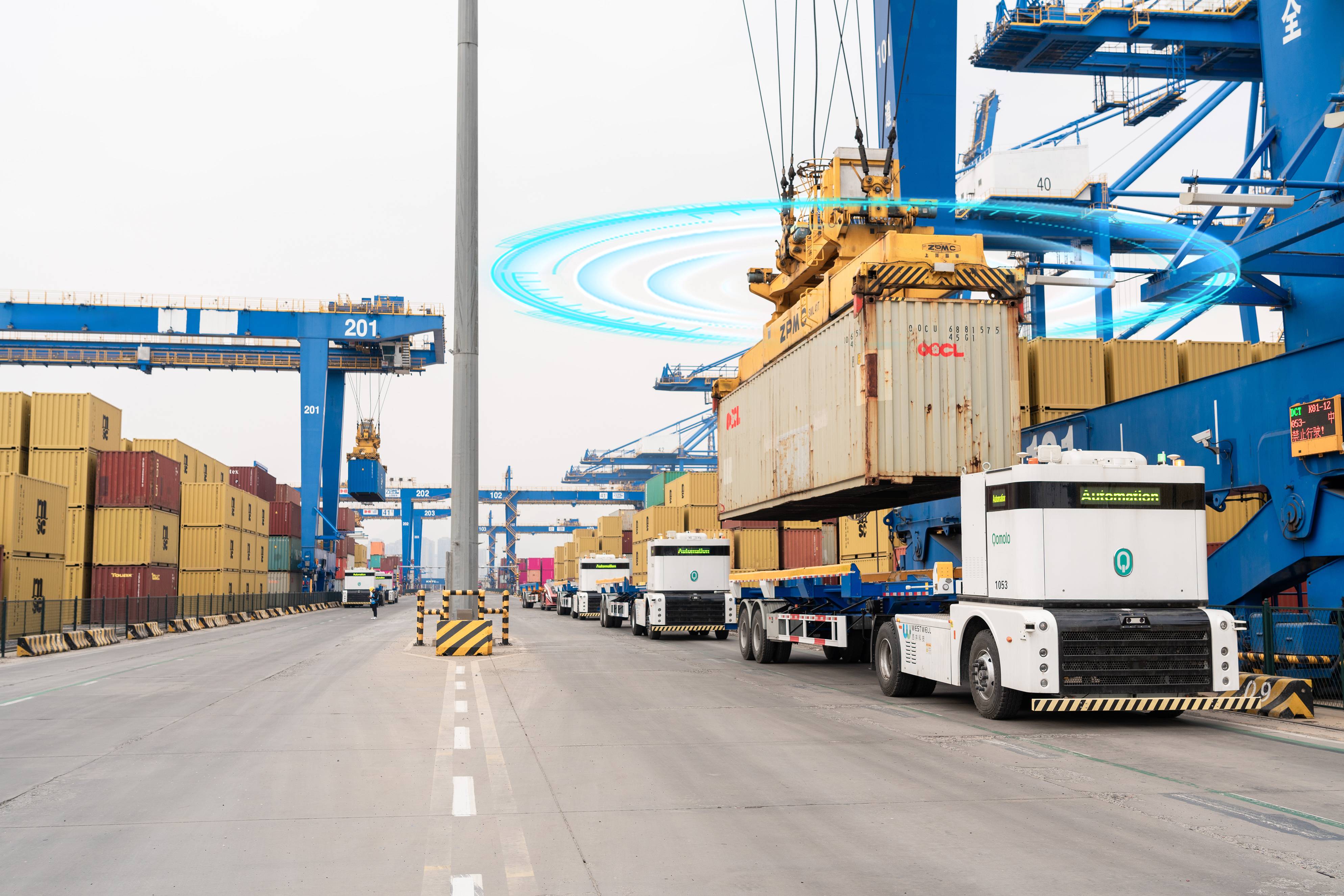 Autonomous electric trucks transporting containers in a smart port terminal with automated cranes and advanced logistics operations.