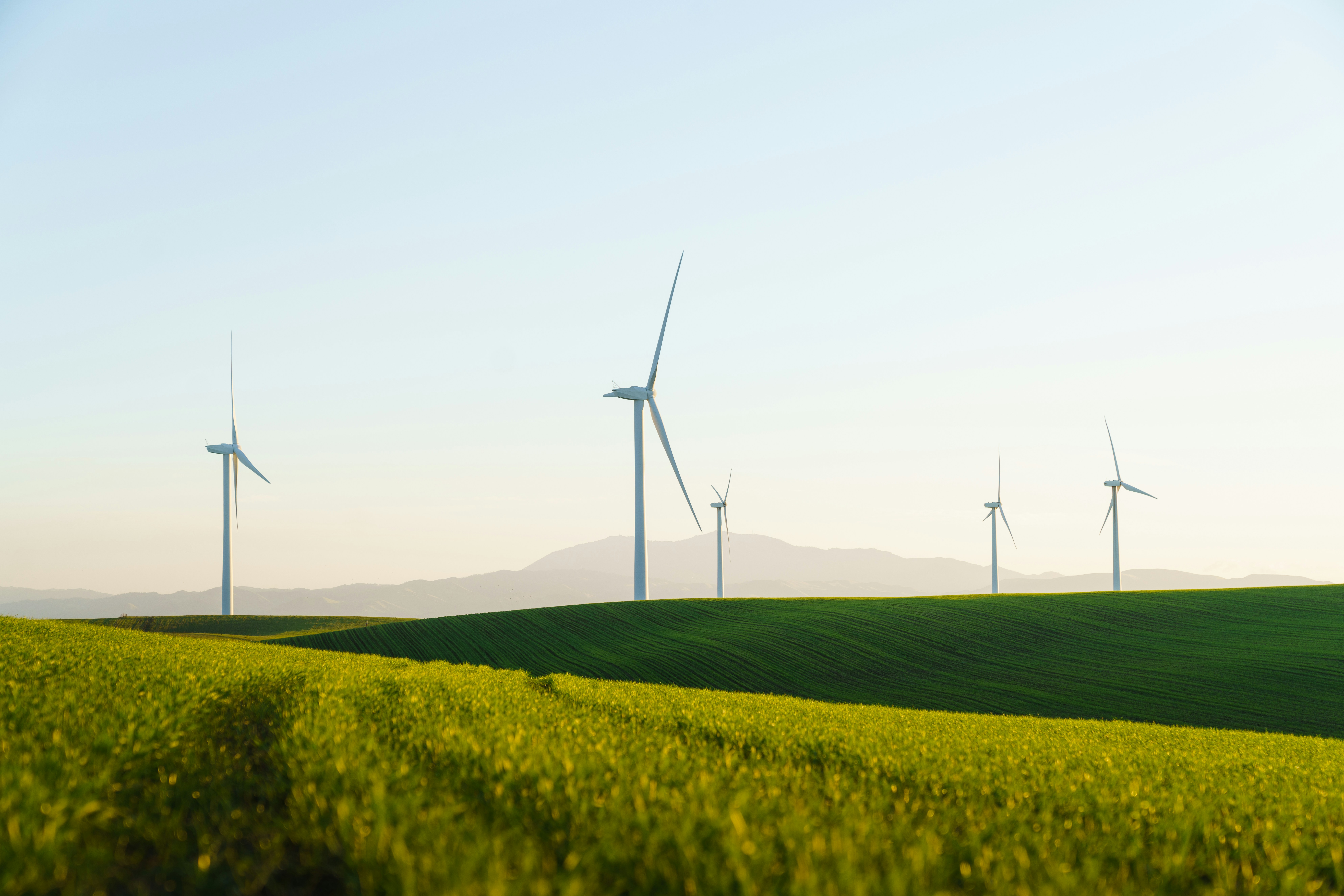 Green grass landscape with wind turbines symbolizing sustainable and smart logistics solutions