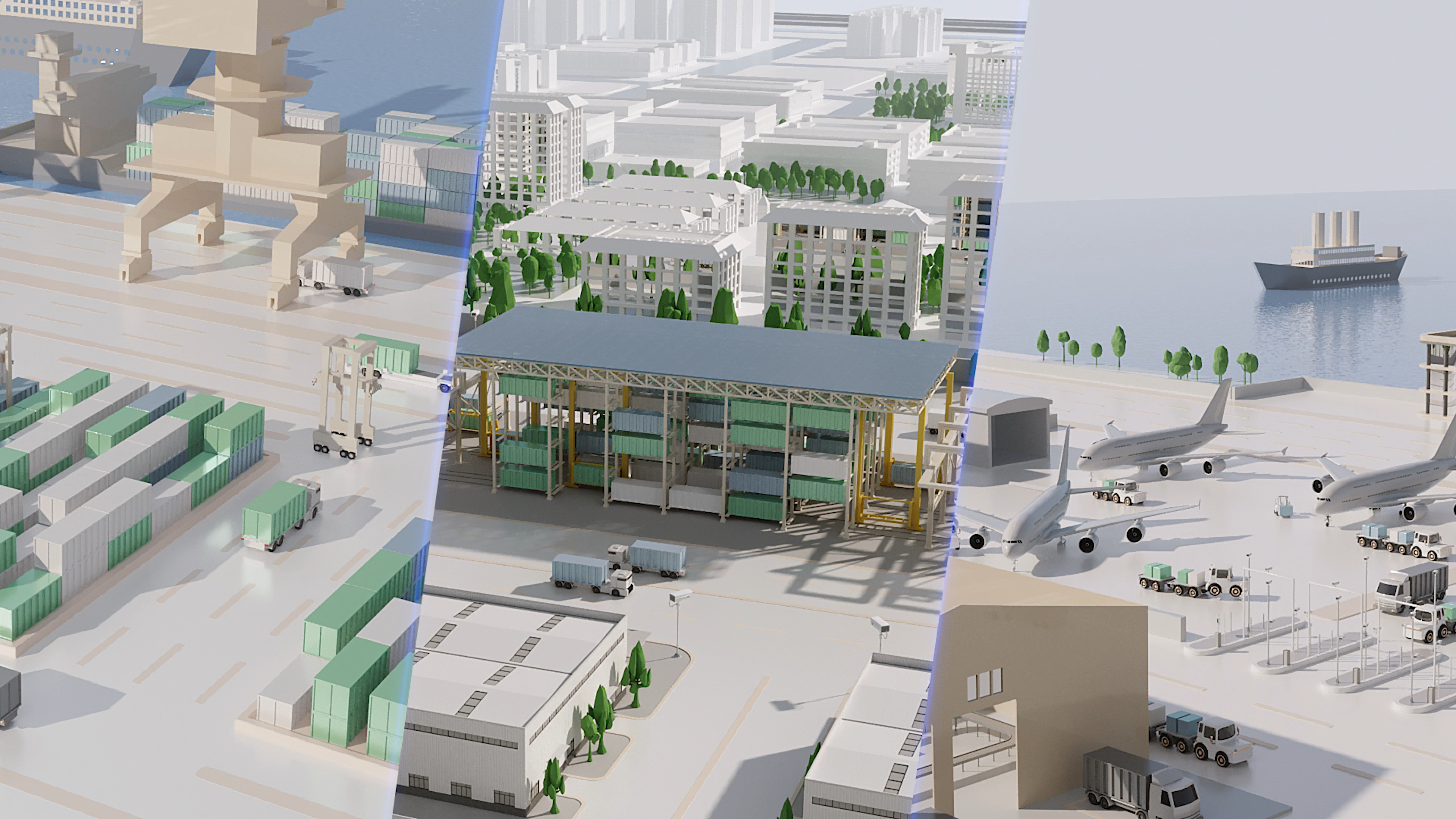 Illustration of Westwell’s intelligent logistics transport solutions across multiple scenarios, including warehouses, ports, and airports, demonstrating flexible autonomous and electric freight movement capabilities adapted to different operational environments.
