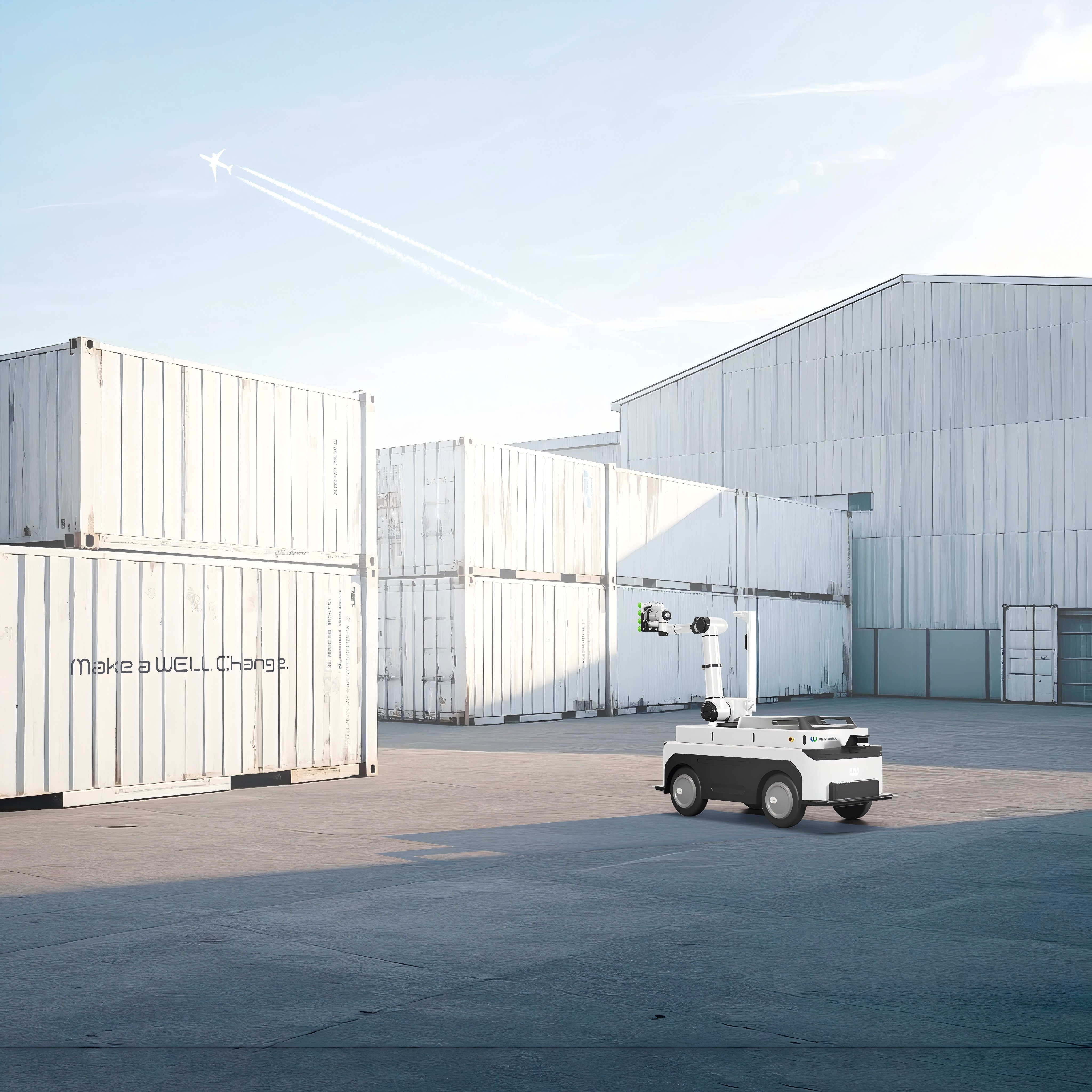 Westwell Wellbot collaborative robot sorting, loading, and unloading cargo containers in an off-airport air freight warehouse