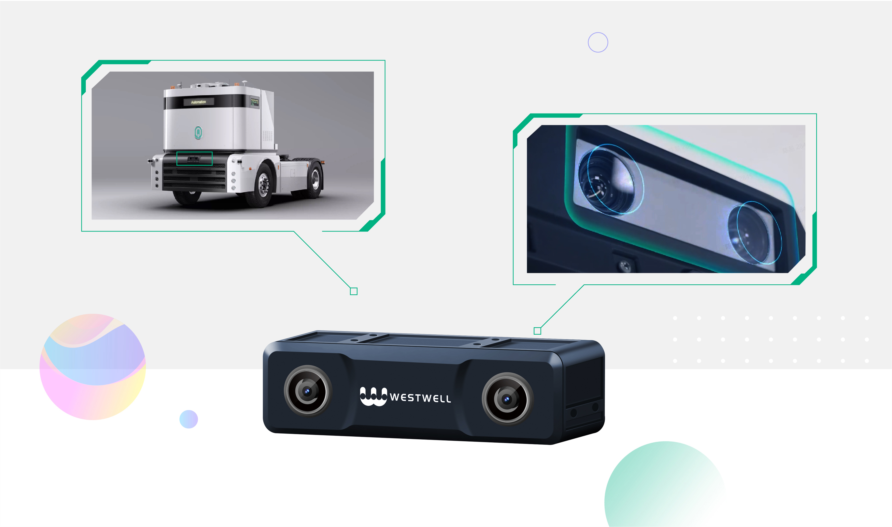 Westwell autonomous vehicle sensor system featuring stereo cameras and intelligent perception technology for advanced logistics automation.