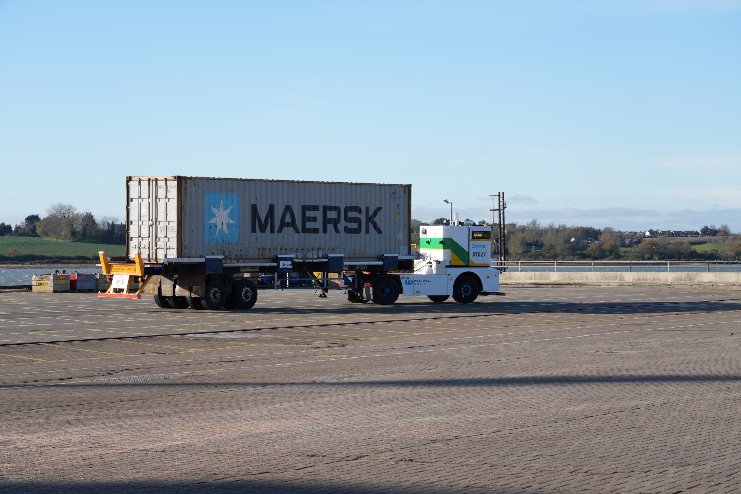 Westwell autonomous trucks performing container transport operations at the Port of Felixstowe unveiling event.