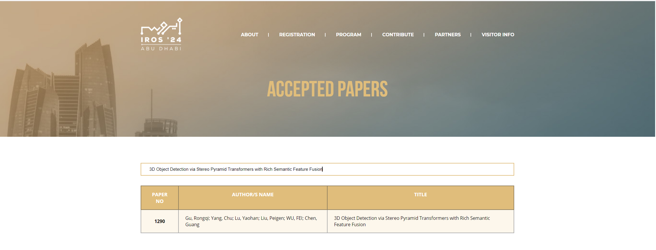 Accepted paper listing for IROS 2024 featuring Westwell&rsquo;s research on 3D object detection using stereo pyramid transformers.
