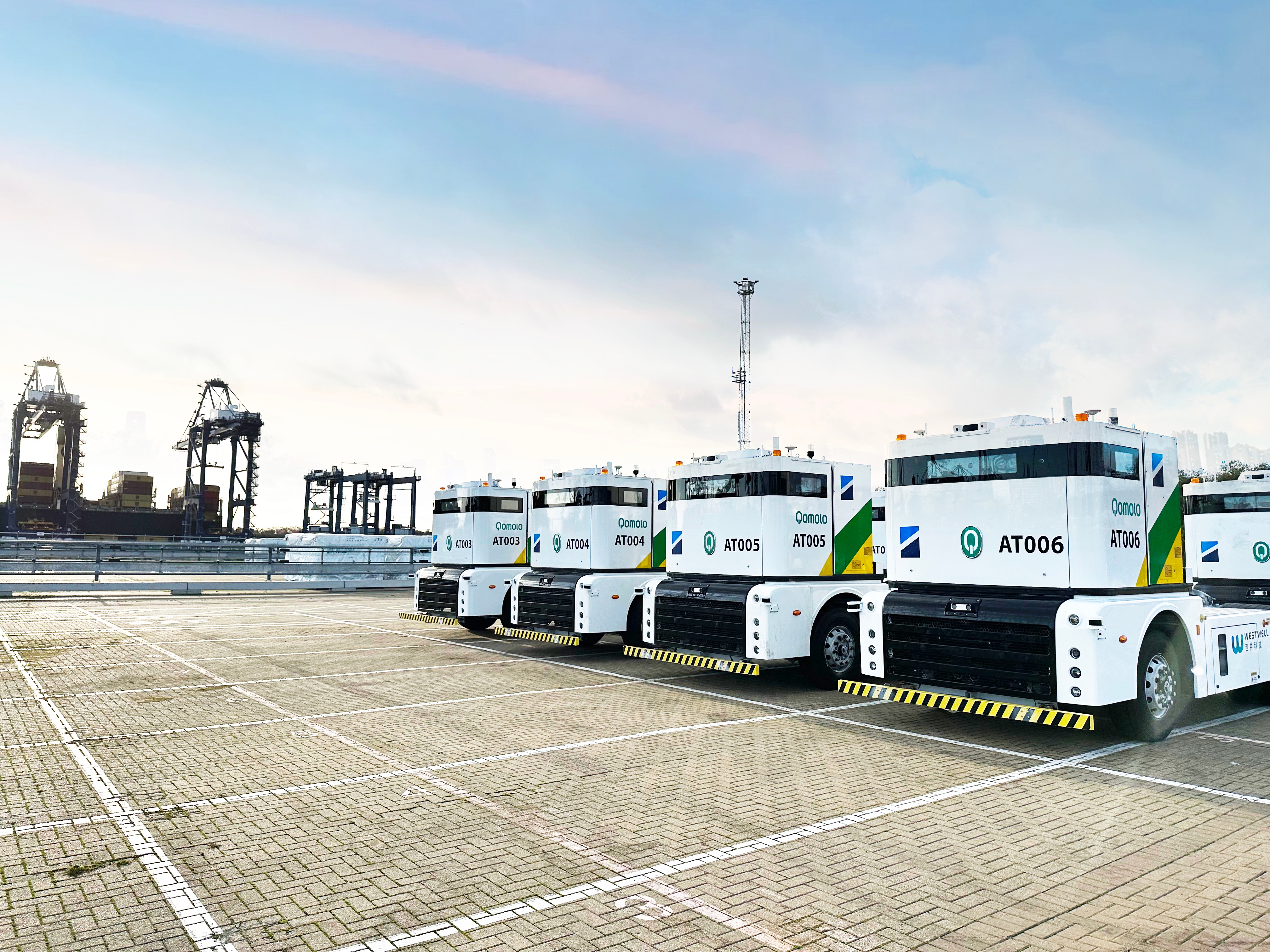 Westwell autonomous truck fleet operating at Port of Felixstowe, enhancing container handling efficiency with autonomous technology and real-time digital coordination.