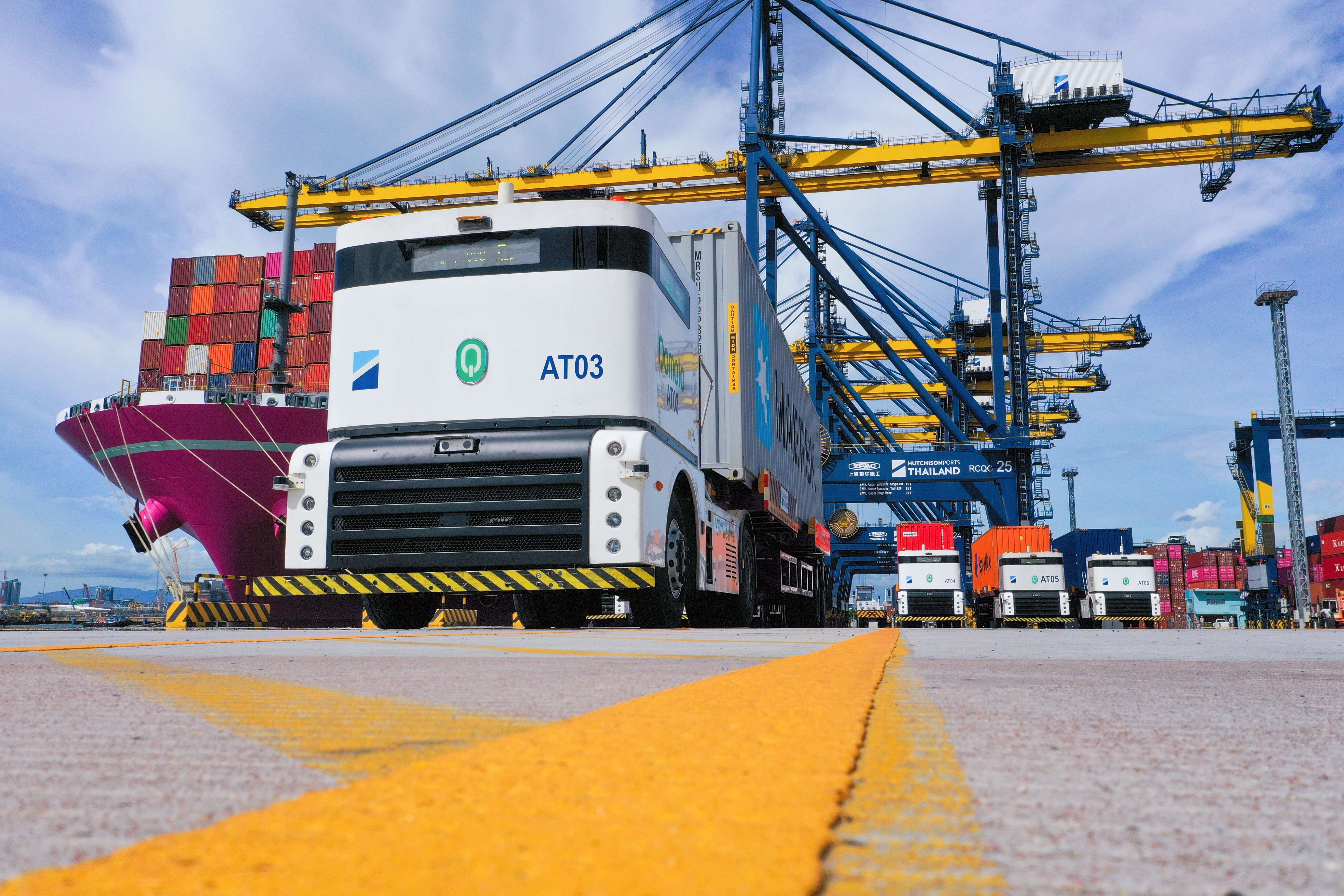 Westwell Q-Truck, an autonomous electric heavy-duty truck, operating at Laem Chabang Port in Thailand to support modern logistics with efficient cargo transport.