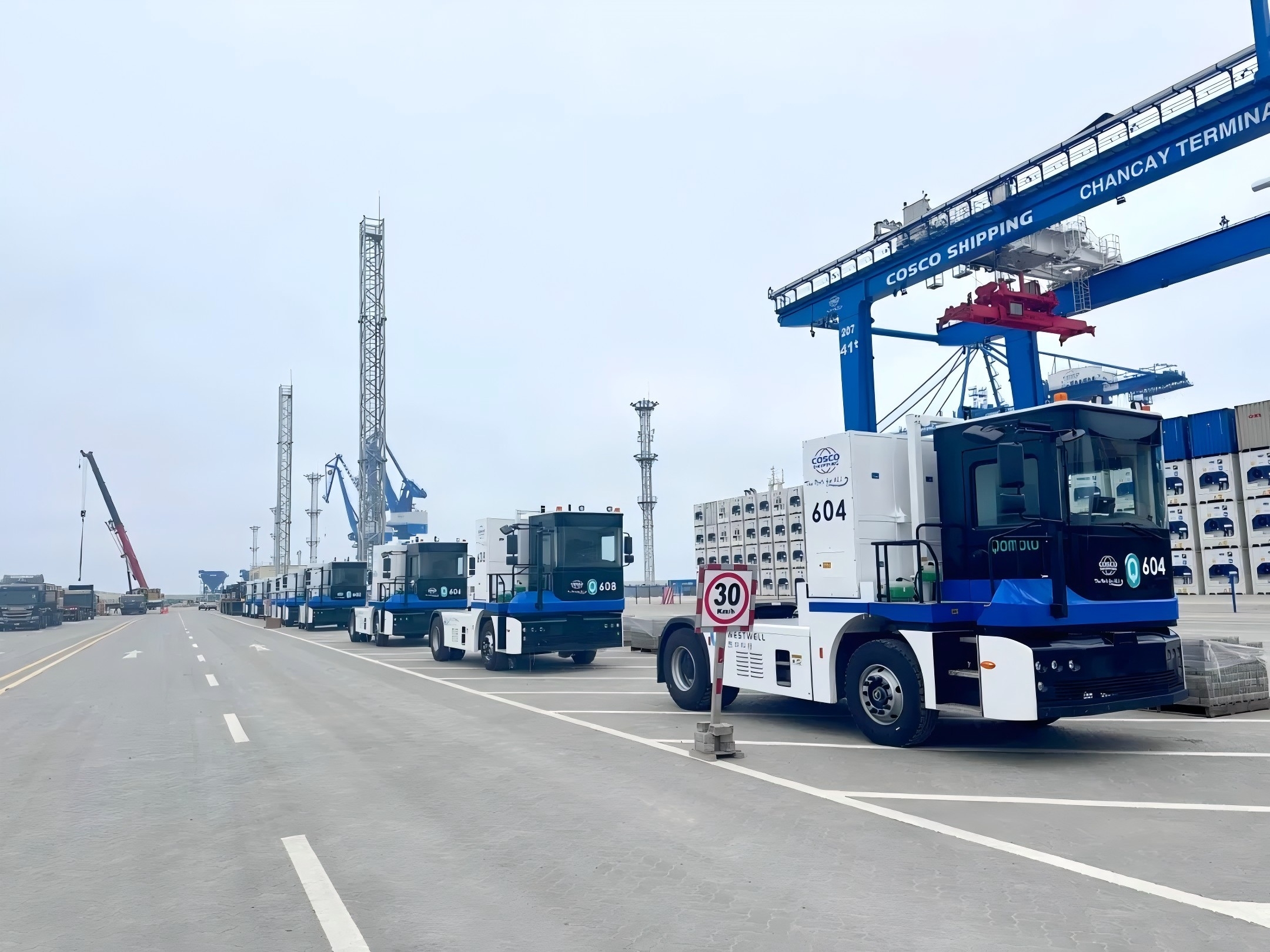 Westwell electric manned terminal tractor operating at the Port of Chancay
