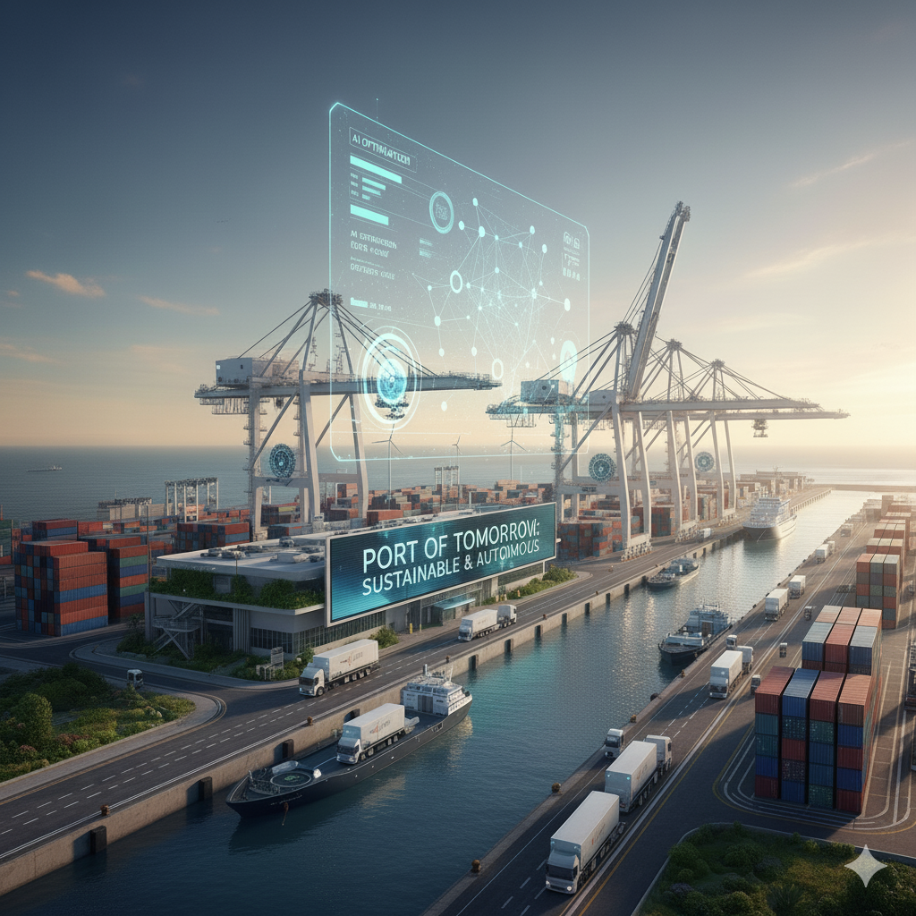 AI-generated illustration of a fully automated and electrified smart port, demonstrating sustainable logistics operations for greener supply chains.